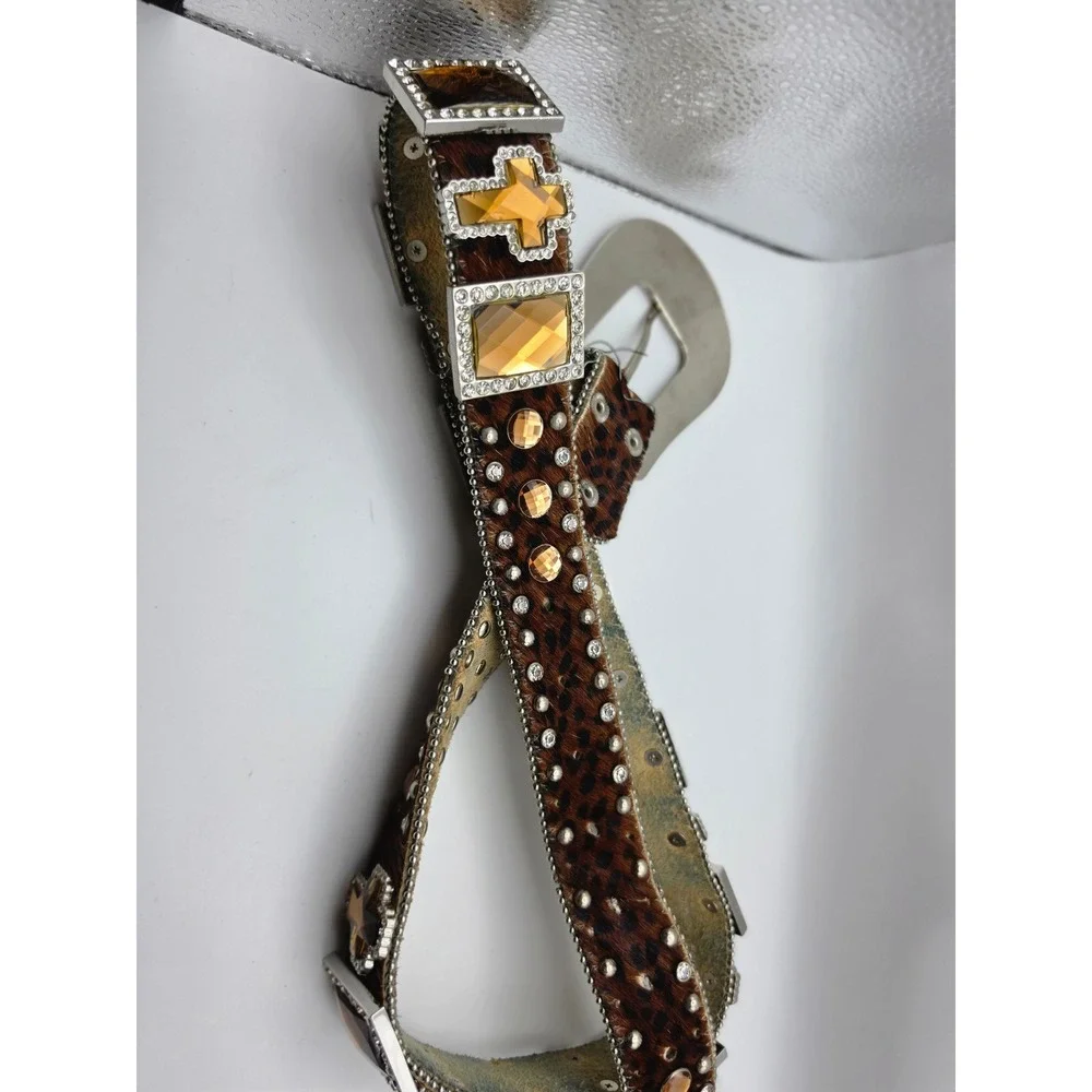 Western Leopard Calf Hair Crystal Studded Cross Belt Silver Buckle Brown Amber